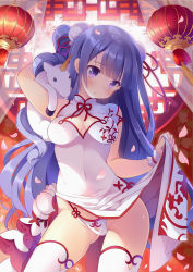 Rule 34 | 1girl, azur lane, backlighting, blunt bangs, blush, breasts, breasts apart, bun cover, china dress, chinese clothes, cleavage cutout, closed mouth, clothes lift, clothing cutout, commentary request, covered navel, day, double bun, dress, dress lift, embarrassed, flower, groin, hair bun, head tilt, hoshino koucha, impossible clothes, impossible dress, indoors, legs apart, lifted by self, long hair, looking at viewer, medium breasts, panties, pelvic curtain, petals, purple eyes, purple hair, red ribbon, ribbon, short sleeves, side bun, solo, standing, stuffed animal, stuffed pegasus, stuffed toy, stuffed unicorn, thighhighs, underwear, unicorn (azur lane), unicorn (the gift of spring) (azur lane), very long hair, wavy hair, white dress, white flower, white panties, white thighhighs