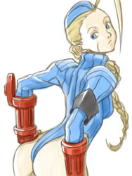 Rule 34 | 1girl, ass, blonde hair, braid, cammy white, capcom, female focus, green eyes, hat, leotard, loliconder, panties, solo, street fighter, thong, twintails, underwear, white background