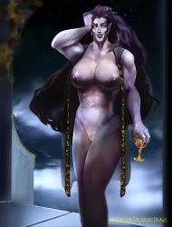 Rule 34 | 1girl, abs, absurdres, bare shoulders, black hair, blood, castlevania (series), castlevania (netflix), fangs, highres, jacket, long hair, looking at viewer, male focus, midriff, muscular, muscular arms, muscular female, muscular legs, navel, night, no pants, no shirt, nude, pale skin, smile, solo, striga (castlevania), very long hair, walking, yellow eyes
