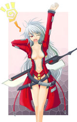 Rule 34 | 1girl, alpha-01, bad id, bad pixiv id, blazblue, breasts, censored, cleavage, coat, convenient censoring, genderswap, genderswap (mtf), large breasts, no bra, no panties, one eye closed, ragna the bloodedge, red eyes, silver hair, solo, sword, weapon, wink, yawning