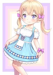 Rule 34 | 1girl, blonde hair, blue dress, bow, breasts, child, closed mouth, commentary request, dirndl, dress, elf, german clothes, hair bow, highres, looking at viewer, meow (nekodenki), original, pink bow, pointy ears, purple eyes, short hair, small breasts, smile, solo, twintails