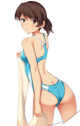 Rule 34 | 10s, 1girl, absurdres, ass, bad id, bad pixiv id, blue one-piece swimsuit, brown eyes, brown hair, butt crack, competition swimsuit, girls und panzer, highres, kawanishi shinobu, looking at viewer, nksk, one-piece swimsuit, short hair, simple background, solo, swimsuit, wet, white background