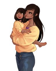 Rule 34 | 2girls, aged down, ana (overwatch), barefoot, black hair, blue pants, braid, breasts, brown eyes, brown hair, captain amari, carrying, child, child carry, closed mouth, collarbone, dark-skinned female, dark skin, eye of horus, eyelashes, eyeliner, facial mark, facial tattoo, hair tubes, hug, jewelry, lips, long hair, long sleeves, makeup, mother and daughter, multiple girls, nafei07, necklace, open mouth, overwatch, overwatch 1, pants, pharah (overwatch), red lips, shirt, short hair, side braids, simple background, smile, swept bangs, tattoo, teeth, white background