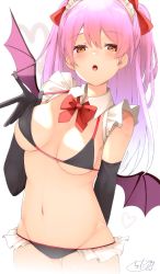 Rule 34 | 1girl, :o, bikini, black bikini, black gloves, bow, chita (ketchup), collar, commentary request, demon wings, detached collar, elbow gloves, fang, frilled bikini, frills, gloves, groin, hair between eyes, hair bow, hand up, heart, heart-shaped pupils, highres, long hair, maid headdress, navel, open mouth, original, pink hair, purple wings, red bow, red eyes, signature, simple background, solo, swimsuit, symbol-shaped pupils, two side up, very long hair, white background, white collar, wing collar, wings