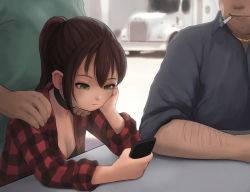 Rule 34 | 1girl, 2boys, black bra, bra, breasts, choker, cigarette, cleavage, earrings, faceless, faceless male, freckles, green eyes, hand on shoulder, head rest, highres, holding, holding phone, jewelry, kuroshiro00, looking at phone, motor vehicle, multiple boys, original, phone, plaid, plaid shirt, ponytail, shirt, small breasts, smoking, table, truck, underwear