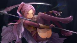 Rule 34 | 1girl, absurdres, barrier mao, black background, boots, braid, cape, chromatic aberration, crown braid, fingerless gloves, gloves, hair ornament, highres, long hair, looking at viewer, mito (sao), purple hair, purple thighhighs, red eyes, scythe, shorts, solo, sword art online, sword art online progressive, thigh boots, thighhighs, thighs, x hair ornament