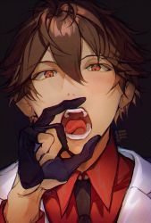 Rule 34 | 1boy, black background, black gloves, black necktie, blush, brown hair, dongbackbyul, ensemble stars!, fellatio gesture, formal, gloves, hair between eyes, highres, jacket, looking at viewer, male focus, morisawa chiaki, necktie, open mouth, partially fingerless gloves, portrait, red eyes, red shirt, sexually suggestive, shirt, simple background, solo, suit, teeth, tongue, white jacket
