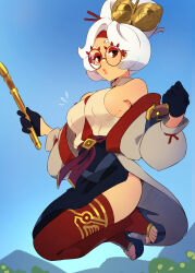 Rule 34 | 1girl, black gloves, blue sky, breasts, eyeshadow, full body, glasses, gloves, hair ornament, hair stick, highres, holding, jumping, lips, looking at viewer, makeup, medium breasts, nintendo, outdoors, purah, red-framed eyewear, red eyes, red eyeshadow, round eyewear, sheikah, short hair, sky, solo, squeezable (squeezabledraws), the legend of zelda, the legend of zelda: tears of the kingdom, toes, white hair