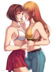 Rule 34 | 2girls, absurdres, asymmetrical docking, bad id, bad twitter id, bare shoulders, belt, bra, breast press, breasts, brown belt, brown eyes, brown hair, cleavage, crop top, denim, hand on another&#039;s cheek, hand on another&#039;s face, harasaki nozomi, highres, holding hands, imminent kiss, jeans, joy (shenmue), lace trim, leg between thighs, leofoxart, lipstick, long hair, looking at another, looking at viewer, looking to the side, makeup, medium breasts, medium hair, midriff, multiple girls, navel, orange hair, pants, parted lips, pleated skirt, red skirt, sega, shenmue, shenmue the animation, sidelocks, signature, skirt, swept bangs, underwear, white background, white bra, yuri