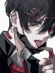 1boy bandaid black_eyes black_hair collared_shirt cross cross_earrings ear_piercing earrings gakuran hair_between_eyes hair_ornament hairclip isumisumi jewelry long_sleeves male_focus mask unworn_mask open_mouth original piercing school_uniform shirt short_hair solo