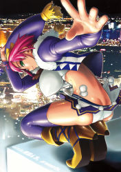 Rule 34 | 1girl, ash yokoshima, ass, breasts, city, clothes lift, foreshortening, green eyes, hand on headwear, hat, highres, jester cap, large breasts, outstretched hand, pink hair, purple thighhighs, reaching, rio rollins, scan, short hair, sideboob, smile, solo, squatting, strapless, super blackjack, thighhighs, tube top, vest