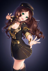 Rule 34 | 1girl, :d, artist name, black footwear, black hat, black skirt, boots, bracelet, breasts, brown hair, choker, cleavage, collarbone, dorothea arnault, fire emblem, fire emblem: three houses, floating hair, garreg mach monastery uniform, green eyes, hat, head tilt, high-waist skirt, highres, jewelry, long hair, looking at viewer, medium breasts, miniskirt, nintendo, open mouth, outstretched arm, outstretched hand, pattikou, skirt, smile, solo, standing, thigh boots, thighhighs, very long hair, zettai ryouiki