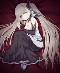 Rule 34 | 1girl, azur lane, bare shoulders, bed sheet, between breasts, black bow, black collar, black dress, black footwear, blush, bow, breasts, bridal gauntlets, cleavage, closed mouth, collar, collarbone, commentary request, dress, formidable (azur lane), frilled dress, frills, full body, grey hair, hair bow, hands up, high heels, highres, knees up, leash, long hair, looking at viewer, lying, medium breasts, on side, red bow, red eyes, shoes, sleeveless, sleeveless dress, socks, solo, twintails, u2 (5798239), very long hair, white socks