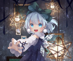 Rule 34 | 1girl, :d, adapted costume, bare shoulders, blue dress, blue eyes, blue flower, blue hair, blue ribbon, blush, bow, bug, butterfly, cirno, clothing cutout, commentary request, dress, earrings, flower, green bow, hair between eyes, hair bow, ice, ice wings, insect, jewelry, long sleeves, open mouth, picture frame, pinafore dress, pom pom (clothes), ribbon, shirt, short hair, shoulder cutout, signature, sleeveless dress, smile, snowflakes, solo, sparkle, striped, striped bow, touhou, toutenkou, upper body, white shirt, wide sleeves, wings
