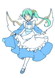 Rule 34 | 1girl, alternate costume, apron, black footwear, blue dress, blush, daiyousei, dress, enmaided, fairy, fairy wings, frilled apron, frills, full body, green hair, long hair, long sleeves, maid, maid apron, maid headdress, open mouth, pantyhose, rangycrow, shoes, side ponytail, simple background, smile, solo, touhou, white apron, white background, white pantyhose, wings