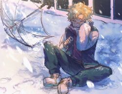 Rule 34 | 1boy, blonde hair, blue jacket, blue pants, closed eyes, crying, frown, full body, hanagaki takemichi, hands up, highres, jacket, knee up, male focus, multicolored clothes, multicolored jacket, open mouth, outdoors, pants, shoes, short hair, sitting, sleeves past wrists, snow, solo, sonyo738, tears, tokyo revengers, two-tone jacket, umbrella, white footwear, white jacket, wiping tears