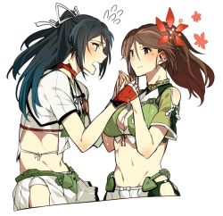 Rule 34 | 10s, 2girls, amagi (kancolle), asakawa (outeq), bare shoulders, black hair, blue eyes, blush, breasts, cleavage cutout, clothing cutout, commentary request, crop top, detached sleeves, eye contact, female focus, fingerless gloves, flower, flying sweatdrops, from side, gloves, hair between eyes, hair flower, hair ornament, hip vent, holding hands, japanese clothes, kantai collection, katsuragi (kancolle), large breasts, leaning, leaning forward, long hair, looking at another, midriff, mole, mole under eye, multiple girls, navel, open mouth, ponytail, yuri