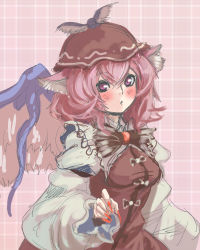 Rule 34 | 1girl, bow, brown bow, fingernails, hat, hey taisyou, highres, long fingernails, long sleeves, mystia lorelei, nail polish, pink background, plaid, plaid background, purple eyes, red nails, short hair, sketch, solo, touhou, wings