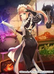 Rule 34 | 1girl, animal, apron, arm up, bad food, blue eyes, breasts, cauldron, commentary request, company name, copyright name, felicia (fire emblem), fingerless gloves, fire, fire emblem, fire emblem cipher, fire emblem fates, food, frills, gem, gloves, holding, horse, jewelry, knife, kurosawa tetsu, long hair, looking at viewer, looking back, maid, maid headdress, medium breasts, nintendo, official art, pants, solo, staff, striped, vegetable, vertical stripes