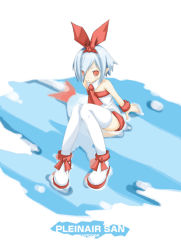 Rule 34 | arm support, blue hair, flat chest, hair over one eye, nippon ichi, original, pleinair, pointy ears, red eyes, reflection, ribbon, short hair, sitting, solo, thighhighs, water, white thighhighs, zettai ryouiki