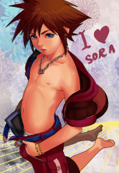 Rule 34 | 1boy, bad id, bad pixiv id, barefoot, belt, blue eyes, bracelet, brown hair, character name, english text, highres, jacket, jewelry, kingdom hearts, male focus, necklace, new race, open pants, pants, topless male, solo, sora (kingdom hearts), sweat, tongue, tongue out, underwear, undressing