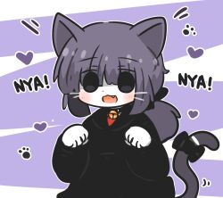 Rule 34 | 1girl, :d, animal ears, bell, black bow, black collar, black hoodie, blush, bow, cat ears, cat girl, cat tail, collar, commentary request, fang, grey eyes, hands up, heart, highres, hood, hood down, hoodie, jingle bell, kemonomimi mode, long hair, long sleeves, looking at viewer, motion lines, neck bell, nyan, open mouth, original, outline, pale skin, paw pose, puffy long sleeves, puffy sleeves, purple background, purple hair, romaji text, sleeves past wrists, smile, solo, tail, tail bow, tail ornament, two-tone background, uni souchou, upper body, whiskers, white background, white outline