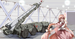 Rule 34 | 1girl, absurdres, anti-aircraft, anti-aircraft missile, blurry, blurry background, bow, braid, braided ponytail, capelet, chinese commentary, closed mouth, commentary request, dated, dress, hair bow, highres, holding, holding pen, indoors, long hair, long sleeves, looking at viewer, mimi-chan, missile, okazaki yumemi, pen, pzgr.40, red capelet, red dress, red eyes, red hair, signature, smile, touhou, touhou (pc-98), white bow