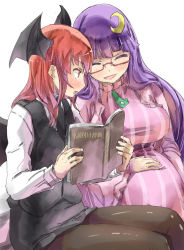 Rule 34 | &gt;:o, 2girls, :d, :o, ^ ^, bat wings, black legwear, blouse, book, breasts, closed eyes, crescent, crescent hair ornament, dress, glasses, hair ornament, happy, head wings, holding, holding book, koakuma, large breasts, multiple girls, necktie, no headwear, open mouth, pantyhose, patchouli knowledge, pregnant, purple hair, red eyes, red hair, shirt, sitting, skirt, skirt set, smile, striped clothes, striped dress, touhou, v-shaped eyebrows, vertical-striped clothes, vertical-striped dress, vest, white shirt, wings, yohane
