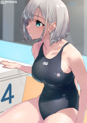 Rule 34 | 1girl, aqua eyes, bob cut, breasts, competition swimsuit, jonsun, large breasts, looking up, one-piece swimsuit, original, short hair, sitting, solo, swimsuit, twitter username, white hair