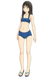 Rule 34 | 1girl, bikini, black eyes, black hair, blue bikini, blue footwear, blush, breasts, closed mouth, commentary request, full body, light frown, looking to the side, maburu (lojyq1eur3e8bit), medium hair, navel, original, sandals, simple background, small breasts, solo, standing, swimsuit, white background