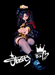 Rule 34 | arm up, artist logo, black eyes, black footwear, black hair, black jacket, black shirt, black skirt, collarbone, collared jacket, fighting stance, highres, jacket, jbstyle, jewelry, ling xiaoyu, necklace, outstretched arms, print jacket, red lips, shirt, short twintails, signature, simple background, skirt, smile, striped clothes, striped shirt, tekken, thighhighs, twintails, yellow shirt