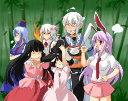 Rule 34 | 1boy, 5girls, ahoge, anger vein, animal ears, ascot, bamboo, bamboo forest, be (o-hoho), bespectacled, biting, biting another&#039;s hand, black hair, blush, carrot, carrot necklace, choker, derivative work, dress, fire, forest, fujiwara no mokou, glasses, grin, hair ribbon, harem, hetero, hime cut, houraisan kaguya, inaba tewi, jewelry, kamishirasawa keine, long hair, morichika rinnosuke, multicolored hair, multiple girls, nature, necklace, necktie, ofuda, one eye closed, open mouth, pants, parody, pendant, purple hair, rabbit ears, rance (series), red eyes, reisen udongein inaba, ribbon, shaded face, short hair, sigh, skirt, smile, suspenders, touhou, two-tone hair, very long hair, white hair, yellow eyes, yellow theme