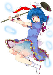 Rule 34 | 1girl, animal ears, bare arms, bloomers, blue dress, blue hair, boots, dress, drill hair, earclip, full body, holding, kine, looking at viewer, mallet, puffy short sleeves, puffy sleeves, puuakachan, rabbit ears, red eyes, see-through, seiran (touhou), short sleeves, simple background, smile, solo, touhou, underwear, white background, white footwear, wrist cuffs