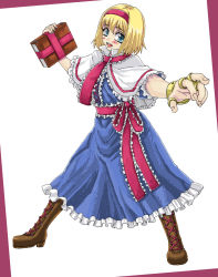 Rule 34 | 1girl, :d, alice margatroid, aqua eyes, bad id, bad pixiv id, blonde hair, blue dress, blue eyes, blush, book, boots, bracelet, brown footwear, capelet, dress, female focus, frills, full body, hairband, highres, holding, holding book, jaggy lines, jewelry, looking at viewer, minarai, open mouth, outstretched arm, ring, shoelaces, short hair, simple background, smile, solo, standing, touhou, white background