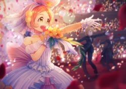 Rule 34 | 3girls, artist name, artist request, back bow, bare shoulders, bow, breasts, brown hair, cherry blossoms, choker, cleavage, collarbone, dress, earrings, female focus, flower, gloves, green eyes, hair between eyes, hair flower, hair ornament, highres, holding, holding microphone, hoshizora rin, jewelry, koizumi hanayo, looking at viewer, love live!, love live! school idol festival, love live! school idol project, love wing bell, love wing bell (love live!), macken, macken666, microphone, miniskirt, multiple girls, nishikino maki, orange flower, orange hair, parted lips, petals, pink bow, pink skirt, plaid, plaid dress, plaid skirt, pleated, pleated dress, pleated skirt, pom pom (clothes), pom pom hair ornament, purple eyes, red hair, red petals, short dress, short hair, skirt, sleeveless, sleeveless dress, smile, strapless, strapless dress, veil, wedding dress, white choker, white dress, white gloves, white skirt, white veil, white wrist cuffs, wrist cuffs, yellow eyes, yellow flower