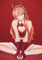 Rule 34 | 1girl, absurdres, akame ga kill!, animal ears, bare shoulders, bell, blush, breasts, chelsea (akame ga kill!), cleavage, cleavage cutout, clothing cutout, collarbone, collared shirt, commentary, elbow gloves, english commentary, eyelashes, fake animal ears, fake antlers, feet, full body, fur-trimmed skirt, fur trim, ghhoward, gloves, hair between eyes, hands on own feet, headphones, heart cutout, highres, knees apart feet together, large breasts, long hair, mouth hold, neck bell, no shoes, on ground, orange hair, pink eyes, red background, red gloves, red shirt, red skirt, ribbed socks, shirt, simple background, sitting, skindentation, skirt, sleeveless, sleeveless shirt, socks, solo, white socks