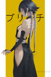 Rule 34 | 1girl, absurdres, arms at sides, backless outfit, bare back, bare shoulders, black bridal gauntlets, black eyes, black hair, black kimono, bleach, blush, border, breasts, bridal gauntlets, closed mouth, commentary, eyelashes, feet out of frame, from side, grey eyes, highres, hip vent, izei1337, japanese clothes, kimono, lips, long hair, looking at viewer, no bra, profile, raised eyebrows, ribs, short hair with long locks, shy, sideboob, sideways glance, simple background, small breasts, solo, standing, sui-feng, twitter username, white border, yellow background