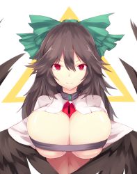 Rule 34 | 1girl, between breasts, bow, breasts, brown hair, cape, closed mouth, feathered wings, hair between eyes, hair bow, highres, large breasts, looking at viewer, red bow, red eyes, reiuji utsuho, satou rin (gobugabuge), smile, solo, third eye, touhou, upper body, white background, wings