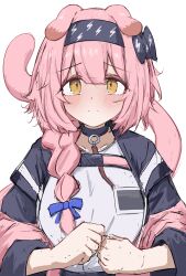 Rule 34 | 1girl, absurdres, animal ears, arknights, black bow, black collar, black hairband, black jacket, blush, bow, braid, closed mouth, collar, commentary, goldenglow (arknights), hair bow, hair over shoulder, hairband, highres, jacket, long hair, long sleeves, looking at viewer, open clothes, open jacket, pink hair, pink tail, purple bow, shirt, simple background, sketch, solo, t-shirt, tail raised, tobildesu, upper body, white background, white shirt, yellow eyes