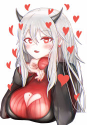 Rule 34 | 1girl, absurdres, black jacket, blush, breasts, chchu30, cleavage, cleavage cutout, clothing cutout, commentary request, demon girl, demon horns, fang, formal, hand rest, heart, heart-shaped pupils, heart cutout, helltaker, highres, horns, jacket, large breasts, long hair, long sleeves, looking at viewer, modeus (helltaker), mole, mole on breast, red eyes, red sweater, ribbed sweater, simple background, solo, suit, sweater, symbol-shaped pupils, upper body, white background, white hair
