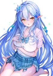 Rule 34 | 1girl, absurdres, ahoge, aogami high school uniform, barefoot, blue hair, blush, bow, breast pocket, breasts, flower, hair flower, hair ornament, hand on own chest, highres, hololive, large breasts, long hair, looking at viewer, mito soosu, open mouth, plaid, plaid bow, plaid skirt, pocket, pointy ears, school uniform, see-through, see-through sleeves, skirt, solo, sweat, thighs, very long hair, virtual youtuber, wet, wet clothes, yellow eyes, yukihana lamy