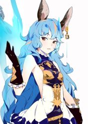 Rule 34 | 10s, 1girl, animal ears, backless dress, backless outfit, bare shoulders, belt, blue hair, breasts, buttons, chain, clothing cutout, collar, dress, earrings, embroidery, erune, eyebrows, ferry (granblue fantasy), frills, gloves, granblue fantasy, hair between eyes, hand up, jewelry, long hair, looking to the side, revealing clothes, side cutout, sideboob, single earring, sleeveless, sleeveless dress, small breasts, so shina, sohin, solo, star (symbol), very long hair
