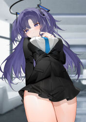 Rule 34 | 1girl, absurdres, black skirt, blue archive, blue necktie, breasts, cowboy shot, formal, halo, highres, large breasts, long hair, long sleeves, mechanical halo, necktie, pleated skirt, purple eyes, purple hair, shirt, skirt, solo, suit, two side up, white shirt, yukineko1018, yuuka (blue archive)