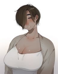 Rule 34 | 1girl, absurdres, ahoge, artist name, blush, breasts, brown hair, cardigan, cleavage, collarbone, eyebrows hidden by hair, grey cardigan, hair over one eye, half-closed eyes, head tilt, highres, huge filesize, large breasts, looking at viewer, medium hair, mole, mole on neck, muroku (aimichiyo0526), no nose, original, parted lips, shadow, shirt, simple background, solo, twitter username, upper body, white background, white shirt
