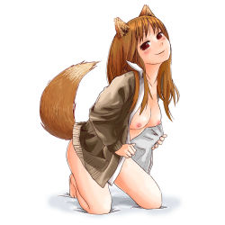 Rule 34 | 00s, 1girl, abekawa, animal ears, barefoot, bottomless, breasts, brown hair, holo, medium breasts, nipples, nude, open clothes, open shirt, red eyes, shirt, solo, spice and wolf, tail, undressing, wolf ears, wolf girl, wolf tail