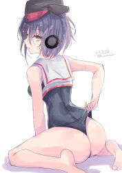 Rule 34 | 1girl, absurdres, adjusting clothes, adjusting swimsuit, ass, asymmetrical hair, black hair, black one-piece swimsuit, blush, brown eyes, gloves, hair between eyes, highres, hizaka, i-13 (kancolle), kantai collection, looking at viewer, looking back, one-piece swimsuit, open mouth, sailor collar, school swimsuit, shadow, short hair, signature, single glove, sitting, solo, swimsuit, swimsuit under clothes, wariza, wedgie, white background