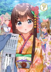 Rule 34 | 3girls, :o, blonde hair, blue eyes, blush, brown hair, building, closed mouth, embarrassed, floral print, flower, hair flower, hair ornament, hair ribbon, highres, holding, holding paper, japanese clothes, kimono, long hair, looking at viewer, multiple girls, new year, obi, omikuji, open mouth, original, outdoors, paper, piyopoyo, ponytail, red eyes, ribbon, sash, shrine, tree, twintails, wavy mouth