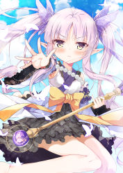 Rule 34 | 1girl, black skirt, blue sleeves, blush, bow, brown eyes, butterfly hair ornament, closed mouth, commentary request, day, detached sleeves, frown, hair ornament, highres, holding, holding staff, japanese clothes, kimono, kyoka (princess connect!), light frown, long hair, long sleeves, looking at viewer, orb, outstretched arm, parted bangs, pleated skirt, pointy ears, porurin, princess connect!, purple hair, skirt, sleeveless, sleeveless kimono, solo, staff, twintails, v-shaped eyebrows, very long hair, white kimono, wide sleeves, yellow bow