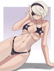 Rule 34 | 1girl, abs, absurdres, alternate costume, bikini, black one-piece swimsuit, breasts, covered eyes, gradient background, grey hair, hand in own hair, highres, mandytsune, navel, nier:automata, nier (series), one-piece swimsuit, short hair, small breasts, square enix, swimsuit, tagme, thighs, toned, twitter logo, 2b (nier:automata)