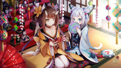 Rule 34 | 2girls, ball, black choker, blue eyes, blue kimono, breasts, brown eyes, brown hair, brown kimono, bug, butterfly, butterfly wings, cat&#039;s cradle, choker, cleavage, closed mouth, collarbone, commentary request, copyright name, covered mouth, double bun, eyeshadow, facial mark, hair bun, hair ornament, hair ribbon, hair rings, head wings, highres, hina ningyou, hinadan, hinamatsuri, holding, holding ball, horns, indoors, insect, insect wings, japanese clothes, kimono, long hair, long sleeves, looking at viewer, makeup, medium breasts, multiple girls, obi, onmyoji, pantyhose, ribbon, sash, seiza, short hair, side bun, silver hair, single side bun, sitting, smile, temari ball, very long hair, white legwear, white ribbon, wide sleeves, wings, yan (nicknikg)